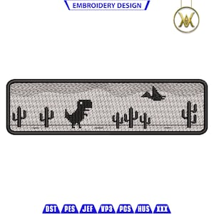 May include: Embroidered patch featuring a black pixelated dinosaur running across a grey desert landscape with cacti and a black pixelated bird flying above.