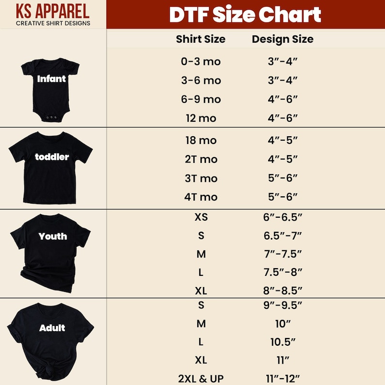 Puede incluir: Una tabla de tallas DTF (Direct to Film) para tallas de camisetas, desde beb&eacute; hasta adulto. Las tallas de dise&ntilde;o se indican en pulgadas, que van de 3" a 12". El logotipo de KS Apparel est&aacute; en la parte superior. Se proporcionan medidas para cada talla de camiseta.