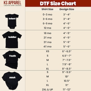 May include: Size chart for infant, toddler, youth, and adult shirts. The chart shows shirt sizes in months and years, and corresponding design sizes in inches.