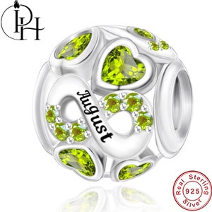 August Birthstone Charm Pandora Fitting Birthday Gift, Birth Month Genuine 925 Silver Lime Green Stone