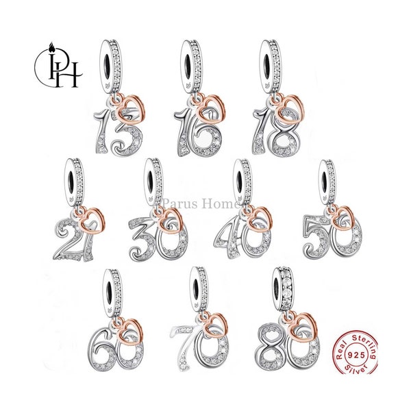 Pandora Compatible Birthday Charm 13th 16th 18th 21st Silver & Gold Heart 30th 40th 50th 60th 70th 80th