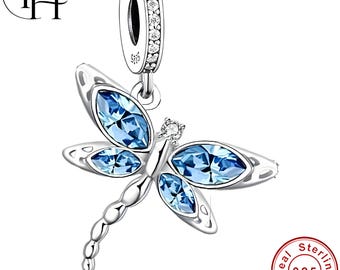 Pandora Fitting Dragonfly Charm, 925 Silver Birthday Dangle Bracelet Gift Blue Zirconia