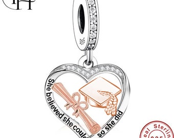 Pandora Fitting Graduation Charm University Ceremony Cap Dangle Genuine 925 Sterling Silver & Rose Gold