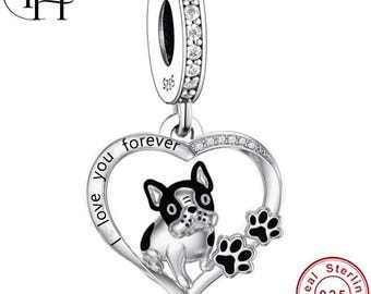 French Bulldog Charm – Pandora Compatible 925 Sterling Silver Paw Heart Dangle, Bracelet Gift for Dog Mum Women Girls Puppy Lover