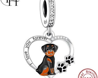 Rottweiler Dog Charm – Pandora Compatible 925 Sterling Silver Paw Heart Dangle, Bracelet Gift for Dog Mum Women Girls Pet Memorial