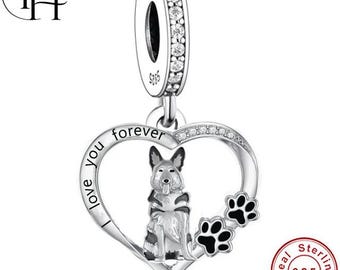 German Shepherd Dog Charm – Pandora Compatible Dangle, 925 Sterling Silver Paw Heart Bracelet Gift for Mum Women Girls Pet Memorial