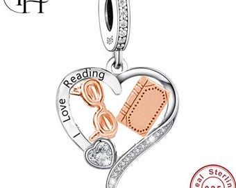 Pandora Fitting I Love Reading Charm – 925 Silver Book & Glasses Dangle Rose Gold Birthday Gift for Book Lovers Teacher Student