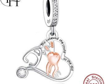 Pandora Fitting Dentist Charm - 925 Silver Tooth Dangle Dental Assistant Gift Hygienist Birthday Jewelry for Her