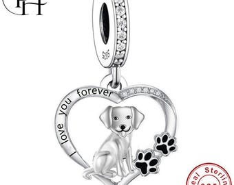 Labrador Dog Charm – Pandora Compatible 925 Sterling Silver Paw Heart Dangle Gift for Dog Lovers, Mum Women Girls Bracelets