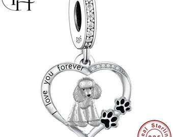 Poodle Dog Charm Pandora Compatible Dangle – 925 Sterling Silver Paw Heart Bracelet Gift for Dog Mum, Women Girls Poodle Lover