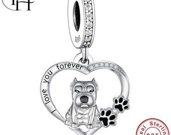Pitbull Dog Charm – Pandora Compatible 925 Sterling Silver Paw Heart Dangle, Bracelet Gift for Dog Mum Women American Bully Lover