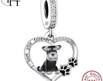 Schnauzer Dog Charm – Pandora Compatible 925 Sterling Silver Dangle, Paw Heart Gift for Dog Mum Women Girls Bracelets