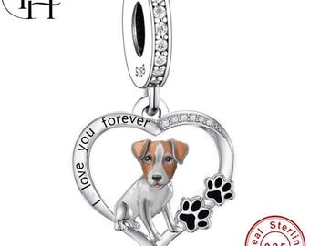 Jack Russell Dog Charm – Pandora Compatible 925 Sterling Silver Paw Heart Dangle, Bracelet Gift for Mum Women Girls Pet Memorial