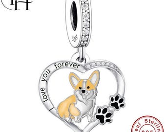 Corgi Dog Charm Pandora Compatible Dangle - 925 Sterling Silver Paw Heart Bracelet Gift for Dog Mum, Women Girls Welsh Corgi Lover