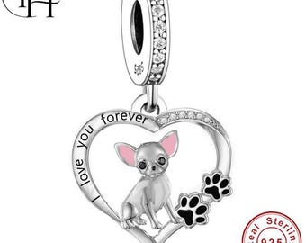 Chihuahua Dog Charm – Pandora Compatible 925 Sterling Silver Paw Heart Dangle, Gift for Dog Mum Bracelet Bead