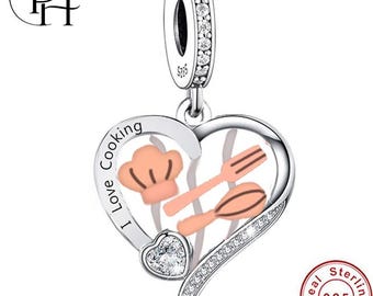 Cooking Charm – Pandora Fitting 925 Sterling Silver Heart Dangle, Chef Hat & Whisk Pavé CZ Gift for Bracelet "I Love Cooking"