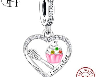 I Love Baking Cupcake Charm, Pandora Fitting 925 Silver Whisk Pastry Baker Chef Gift Dangle Heart