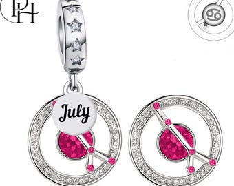 Cancer Zodiac Charm Pandora Fitting July Birthday Gift, 925 Silver Birthstone Dangle for Bracelet