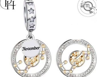 Scorpio Zodiac Charm Pandora Fitting November Birthday Gift, 925 Silver Birthstone Dangle for Bracelet