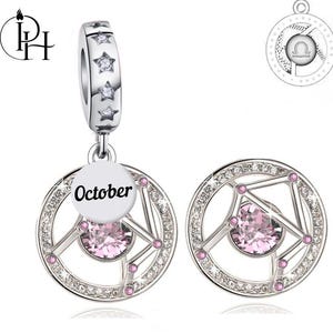 Ciondolo Pandora con segno zodiacale Bilancia, adatto per regalo di compleanno con pietra portafortuna di ottobre, pendente in argento 925 per bracciale