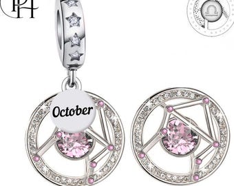Libra Zodiac Charm Pandora Fitting October Birthstone Gift, 925 Silver Birthday Dangle for Bracelet