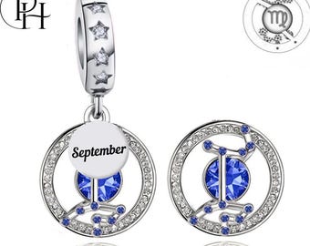 Virgo Zodiac Charm Pandora Fitting September Birthday Gift, Birthstone Genuine 925 Silver Dangle