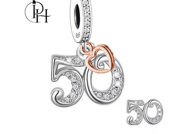 50th Happy Birthday Charm Pandora Fitting Dangle Genuine 925 Silver & Rose Gold Heart Mum Gift