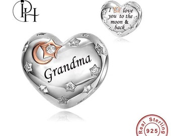 Grandma Birthday Charm Pandora Compatible 925 Sterling Silver Dangle, I Love You To The Moon And Back