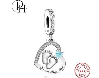 Pandora Fitting Baby Boy Feet Charm 925 Silver Footprint Baby Shower Newborn Dangle