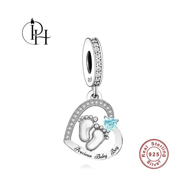 Charm ajustement parfait pour pieds de bébé garçon en argent 925 précieux pour nouveau-né pour baby shower, empreinte de pas