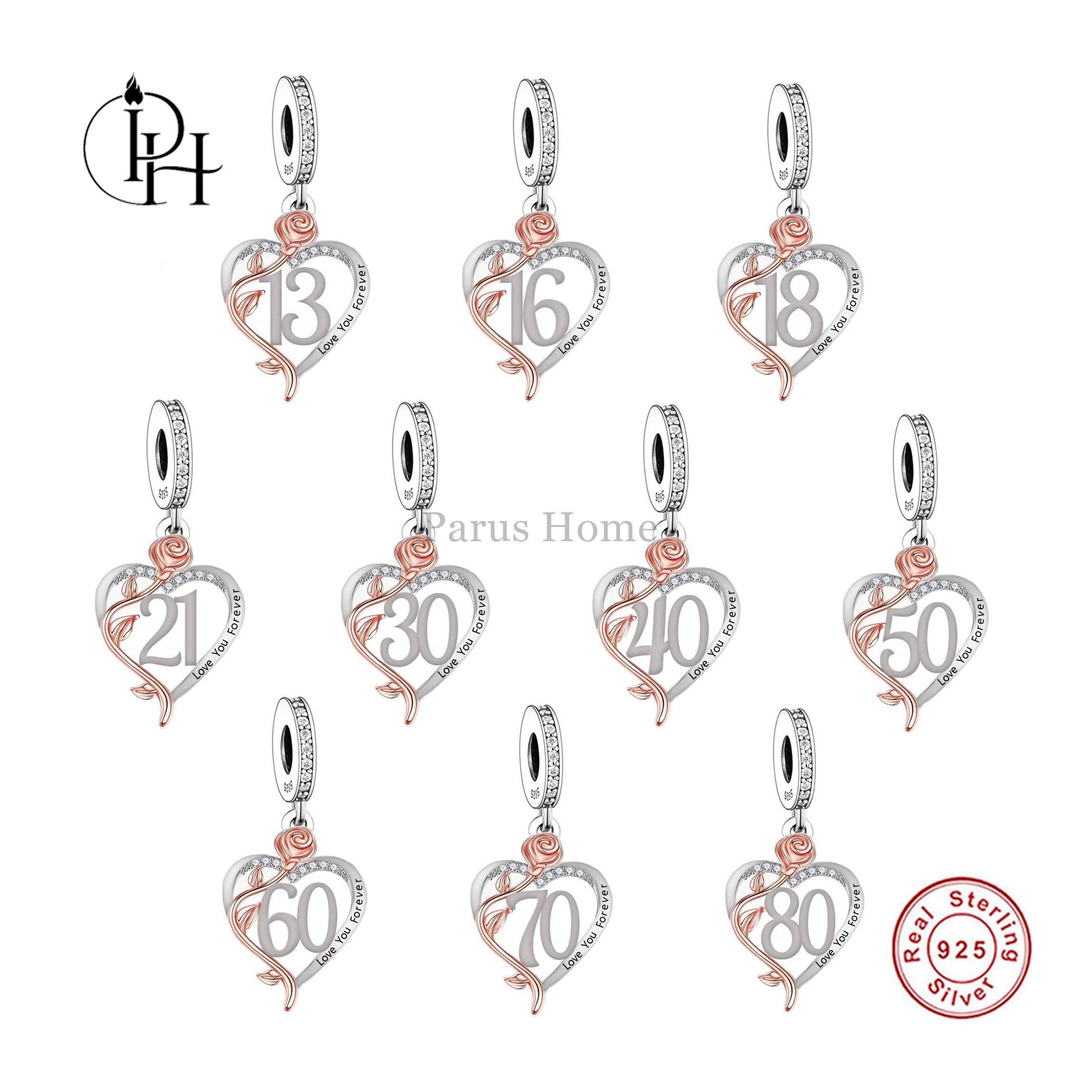 Emostar Birthday Charms For European Bracelets - Sterling Silver Number Pendant With CZ, Ages 10-80