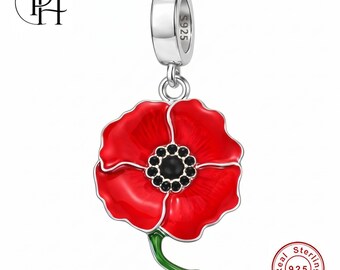 Red Poppy Flower Charm Pandora Fitting, 925 Sterling Silver Dangle, UK Remembrance Day Gift