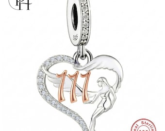 111 Angel Number Charm, Pandora Compatible 925 Sterling Silver Heart Dangle Guardian Jewelry Gift