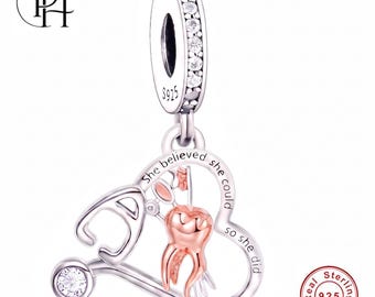 Pandora Fitting Dentist Tooth Charm, 925 Silver Heart Dangle, Dental Student Daughter Graduation Gift