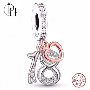 Puede incluir: Un charm de plata de ley con el número 18, adornado con circonitas transparentes y un pequeño corazón en tono oro rosa. El charm incluye una anilla con el sello S925 y un sello circular que indica plata de ley 925 auténtica.