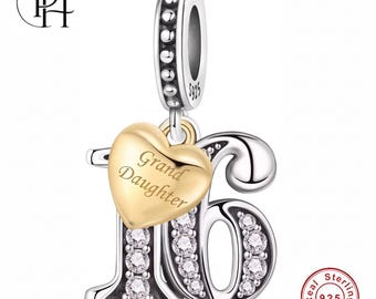 Granddaughter 16th Birthday Charm, Pandora Fitting 925 Sterling Silver Heart, 16 Year Old Present