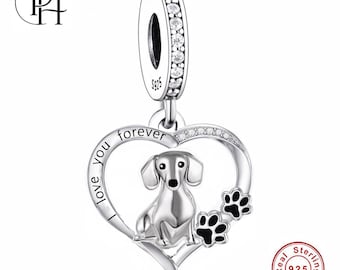 Dachshund Charm Pandora Fitting, 925 Sterling Silver Paw Heart Dangle, Sausage Dog Owner Gift