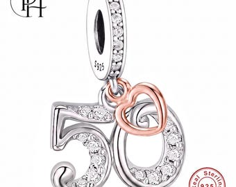 50th Birthday Charm Pandora Fitting, 925 Sterling Silver Rose Gold Heart, Mum Wife Gift