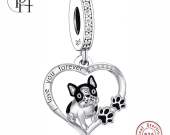 French Bulldog Charm Pandora Fitting, 925 Sterling Silver Paw Heart Dangle, Frenchie Lover Gift