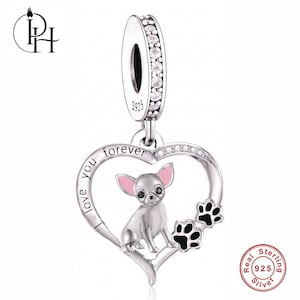 Chihuahua Charm Pandora Fitting, 925 Sterling Silver Paw Heart Dangle, Dog Mum Keepsake Gift