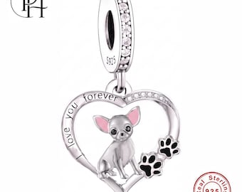 Chihuahua Charm Pandora Fitting, 925 Sterling Silver Paw Heart Dangle, Dog Mum Keepsake Gift