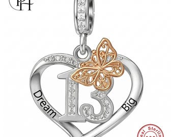13th Birthday Charm - Pandora Compatible 925 Sterling Silver Butterfly Heart, Teenager Daughter Inspirational Gift