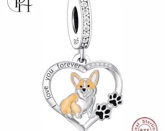 Corgi Dog Charm Pandora Fitting, 925 Sterling Silver Paw Heart Dangle, Dog Mum Gift