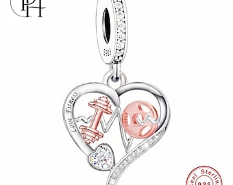 Pandora Fitting Dumbbell Barbell Charm, 925 Silver Fitness Heart Dangle, Gym Girl Birthday Gift