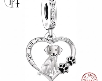 Labrador Charm Pandora Fitting, 925 Sterling Silver Paw Heart Dangle, Dog Mum Birthday Gift