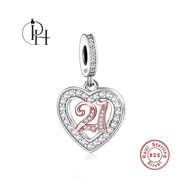 Pandora Fitting 21st Birthday Charm Genuine S925 Silver & Rose Gold Heart Celebration Gift Years