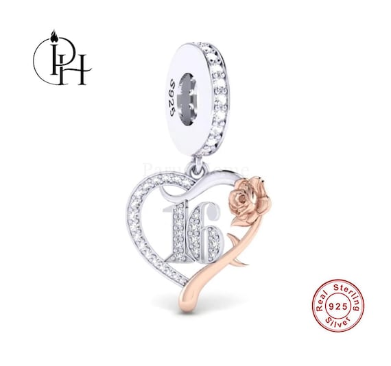 16th Birthday Charm Pandora Fitting 925 Sterling Silver Heart Rose Gold  Dangle For Her