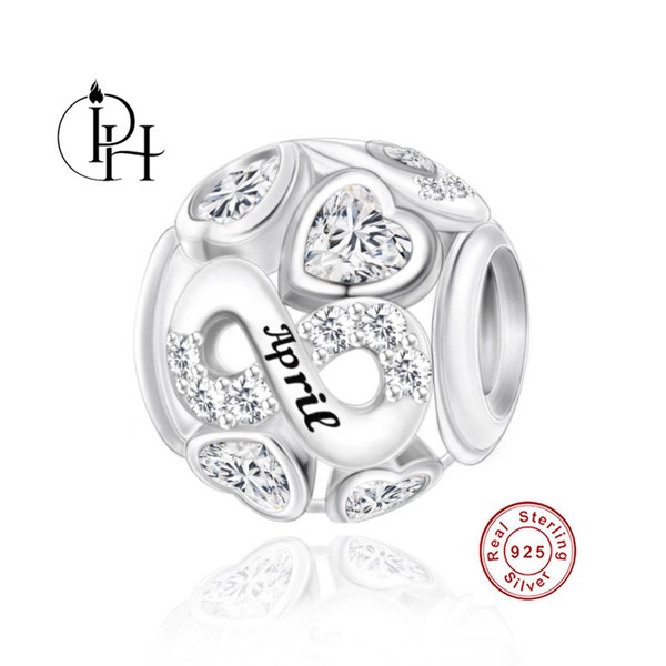 April Birthstone Charm Pandora Fitting Birthday Gift, Birth Month Genuine 925 Silver White Stone