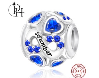 Pandora-Charm mit Geburtsstein September, passendes Geburtstagsgeschenk, Geburtsmonat, echter blauer Stein aus 925er Silber