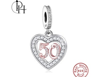 50th Birthday Charm Pandora Fitting 925 Genuine Silver & Rose Gold Heart Gift For Mum Aunty